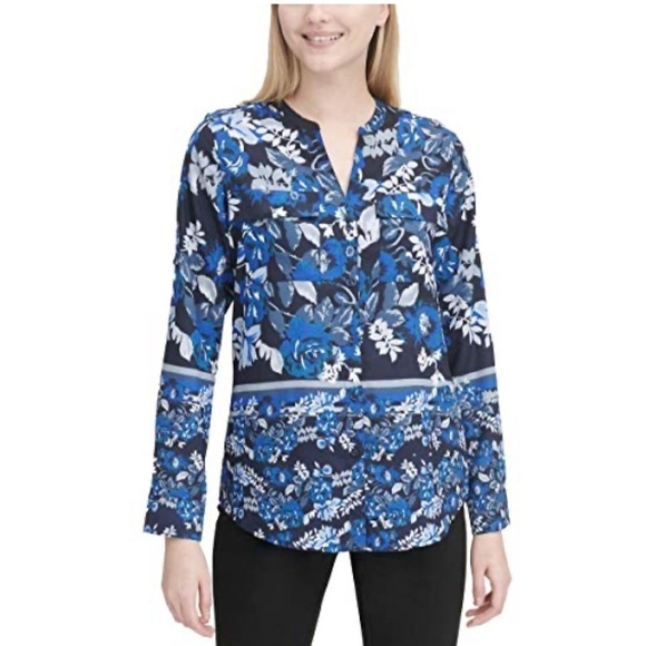 NWT Calvin Klein Button Down Blue Floral Blouse - Size Small - Picture 1 of 8